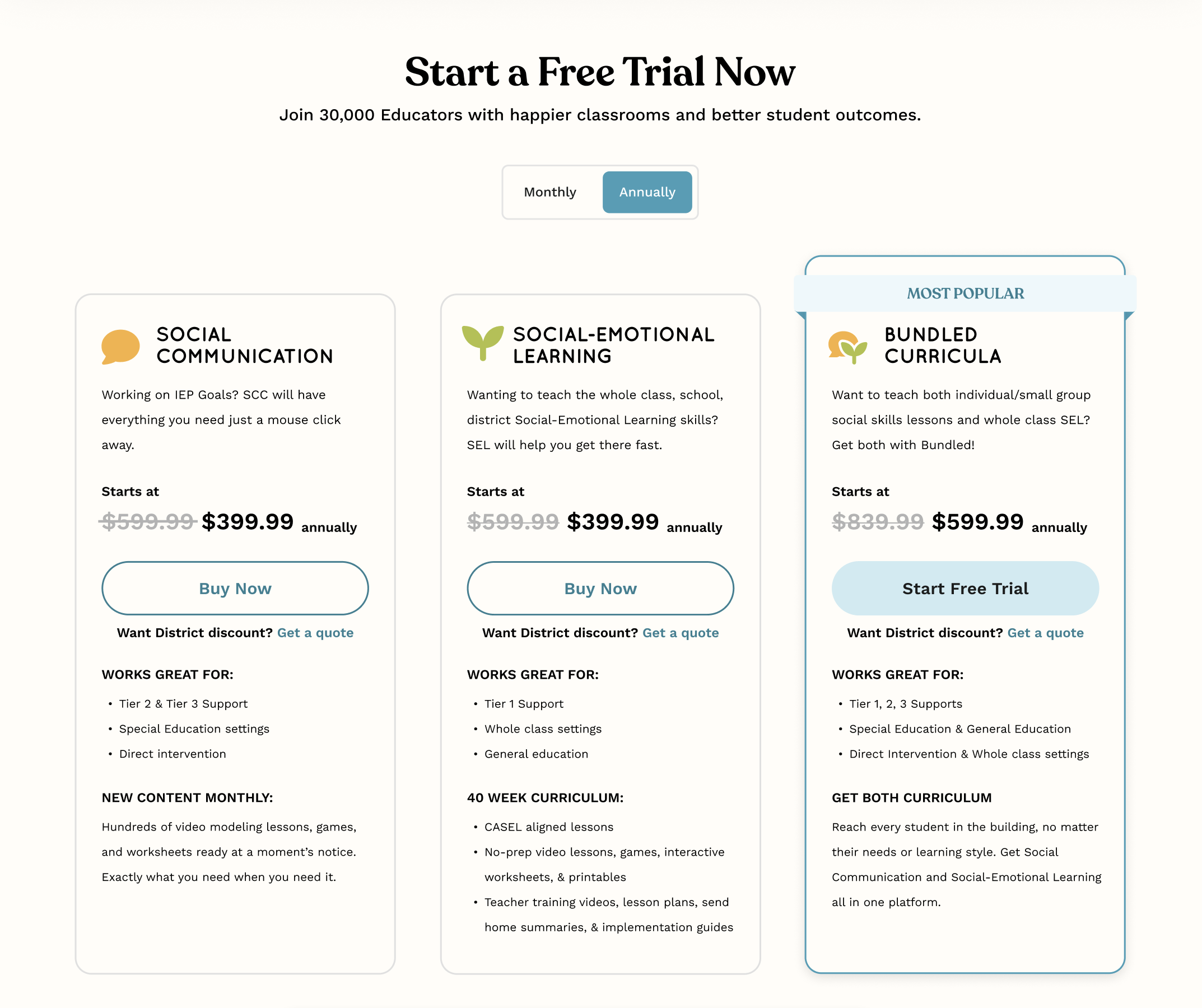 Everyday Speech pricing page showing the three separate license tiers